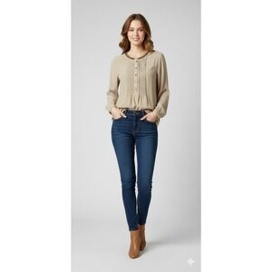 Banana Republic Heritage Beaded Neckline Pleated Blouse Tan Long‎ Sleeve Women M
